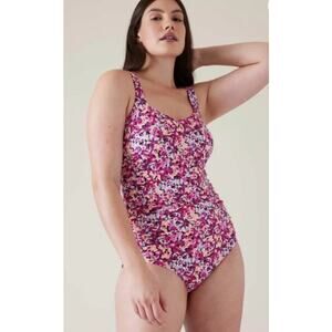 Athleta M elysian floral pink Square Neck One Piece swim bathing suit flower UPF
